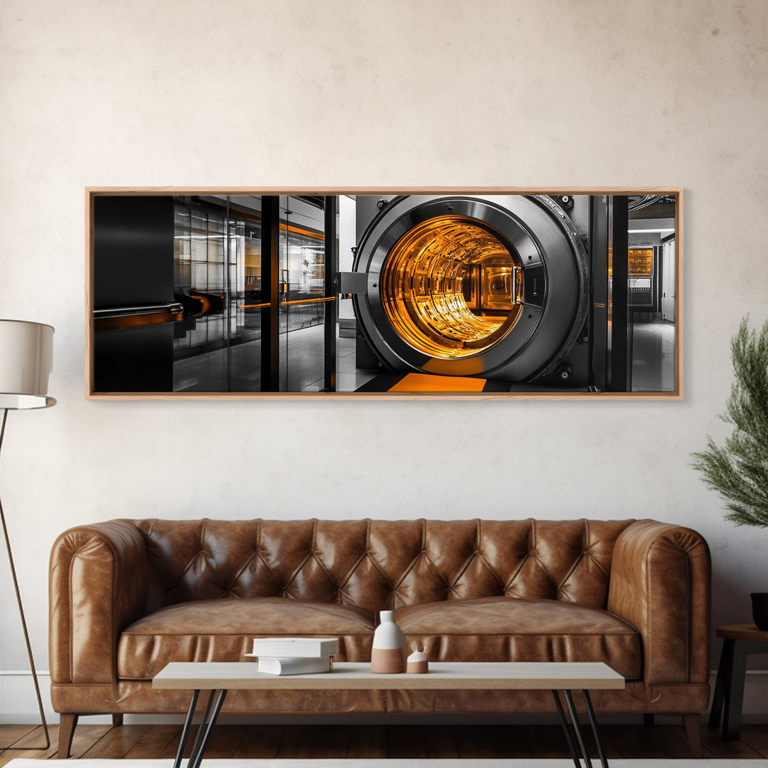 Bank Vault, Futuristic Glow, Industrial Design, Gold Tones, Framed Canvas Print, Office Wall Art, Cyberpunk Decor, Grunge Decor