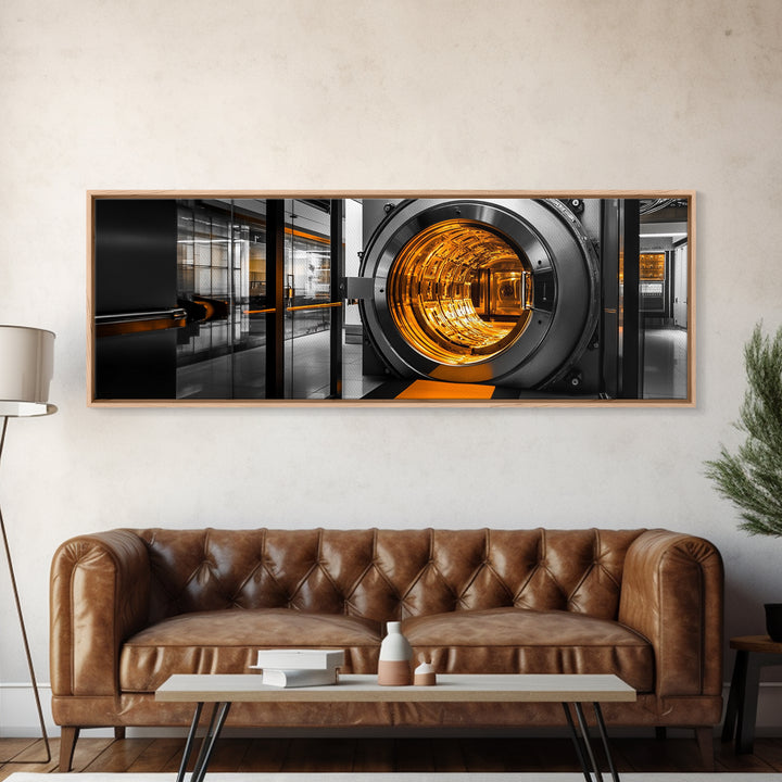 Bank Vault, Futuristic Glow, Industrial Design, Gold Tones, Framed Canvas Print, Office Wall Art, Cyberpunk Decor, Grunge Decor