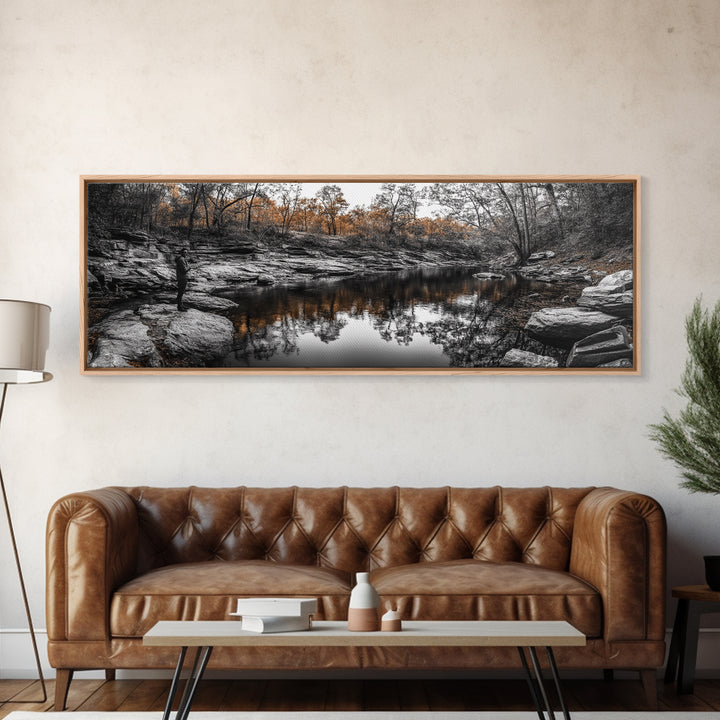 Peaceful Creek View, Fall Foliage Forest, Nature Wall Art, Fishing Scene, Framed Canvas Print, Rustic Home Decor, Autumn Photography