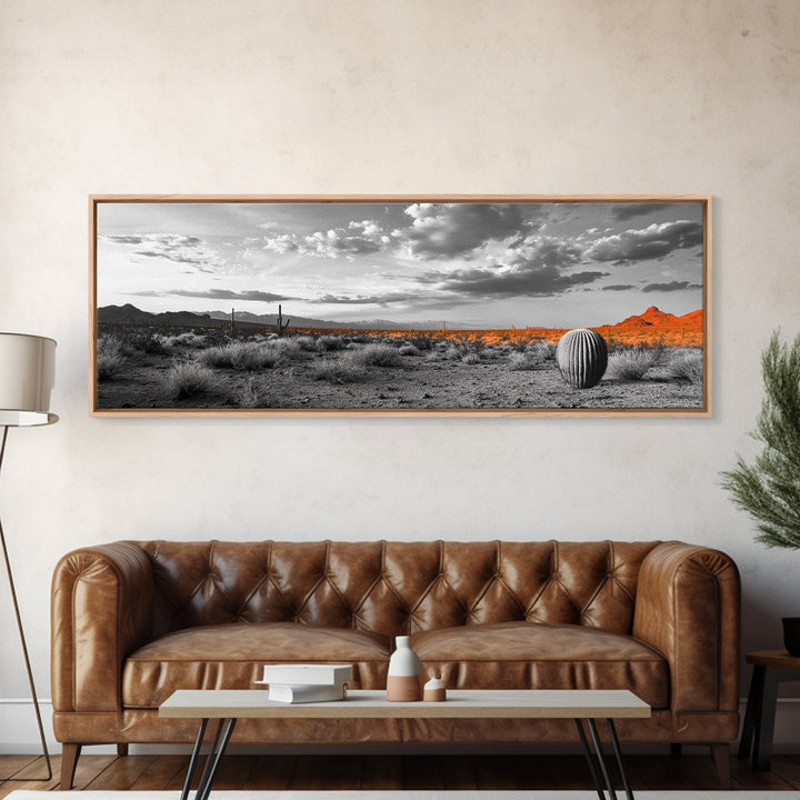 Arizona Desert Cactus, Orange Sunset Landscape, Saguaro Art, Framed Canvas Print, Western Wall Decor, Rustic Living Room Accent
