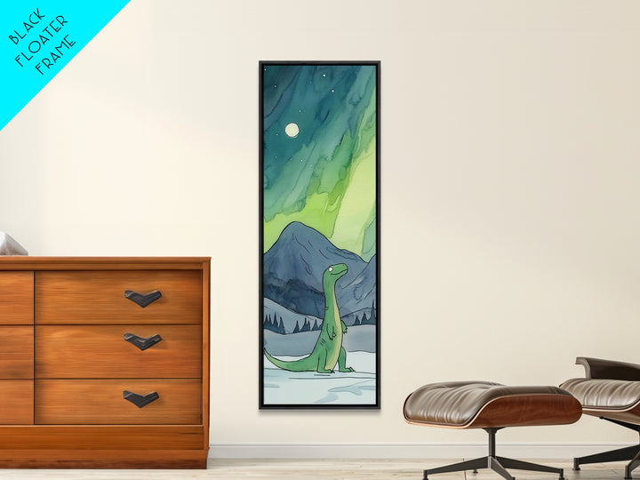 Whimsical Green Dinosaur Under Aurora Wall Art, Kids Room Canvas Print, Northern Lights Nursery Decor, Fantasy Art Gift