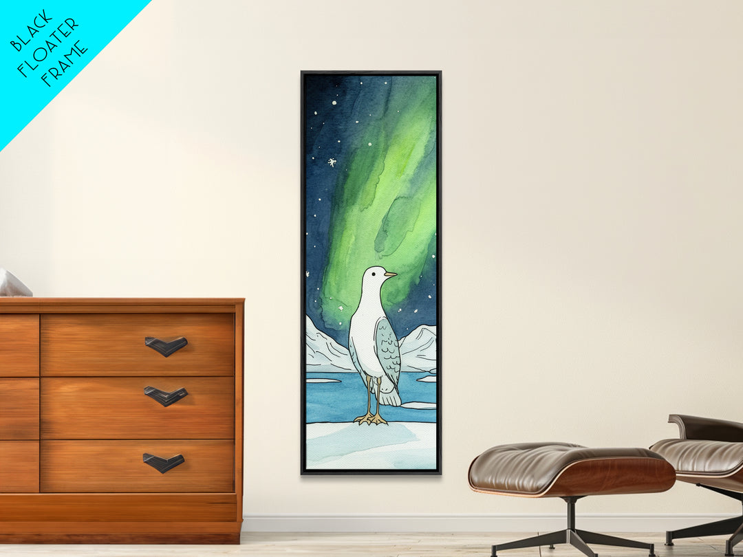 White Seabird In Icy Aurora Landscape Wall Art, Arctic Bird Canvas Print, Coastal Wildlife Decor, Nursery Nature Gift, Art Print