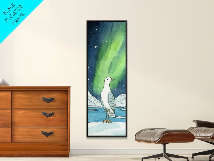 White Seabird In Icy Aurora Landscape Wall Art, Arctic Bird Canvas Print, Coastal Wildlife Decor, Nursery Nature Gift, Art Print