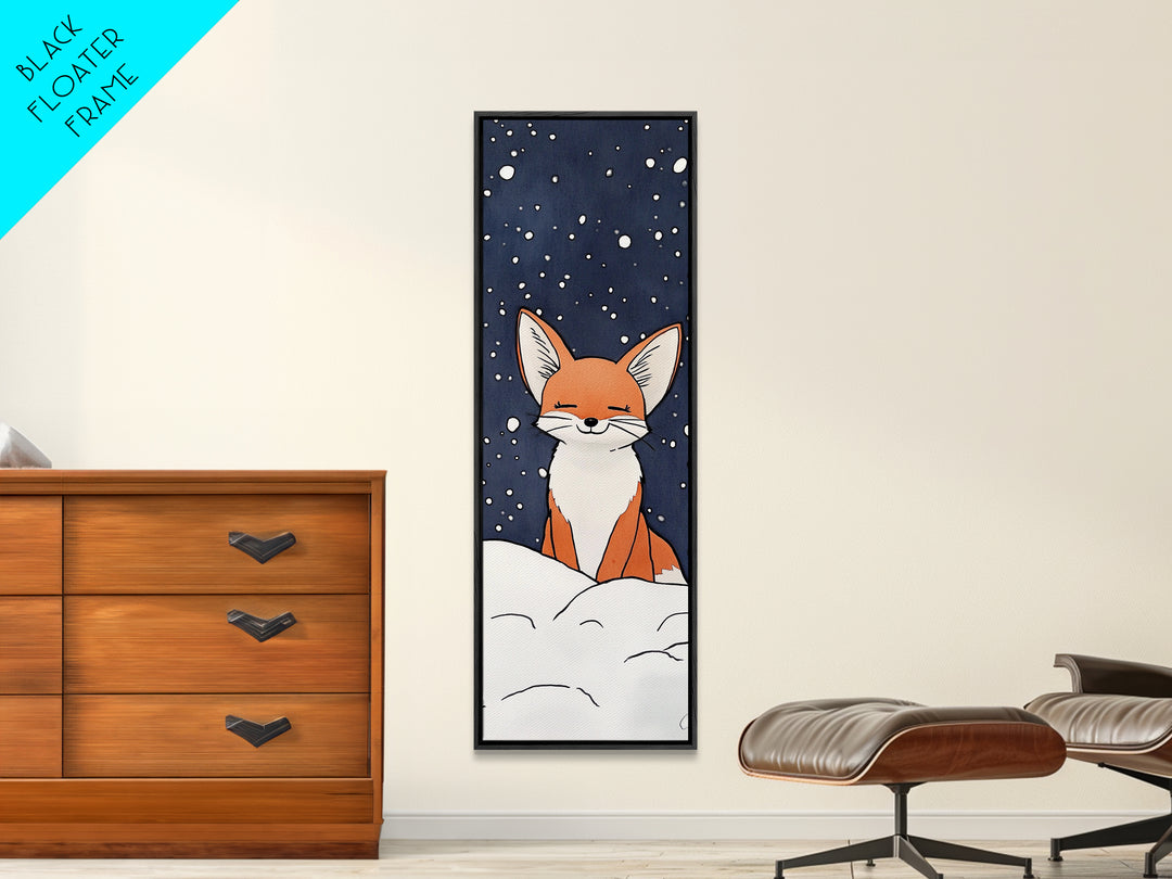 Sleepy Fox In Snowy Night Canvas Print, Whimsical Animal Art, Woodland Nursery Decor, Kids Room Wall Decor, Winter Wall Art