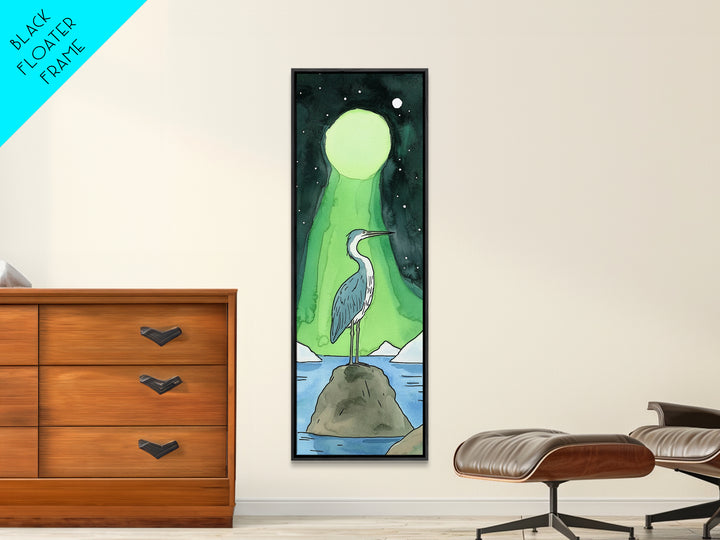 Heron Under Green Aurora Moon Wall Art, Celestial Bird Art Print, Northern Lights Decor, Coastal Wall Decor, Mystical Nature Art