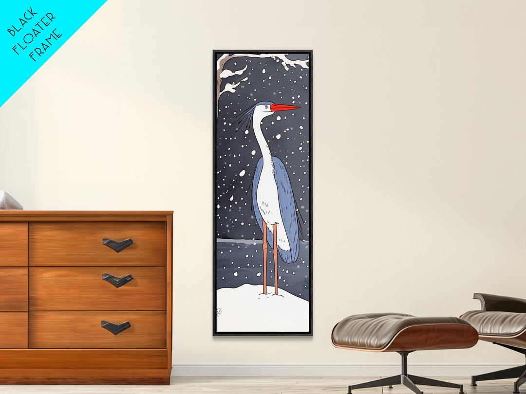 Snowy Heron With Red Beak Framed Canvas Print, Winter Bird Wall Art, Coastal Wall Decor, Animal Art Print, Nature Decor, Gift