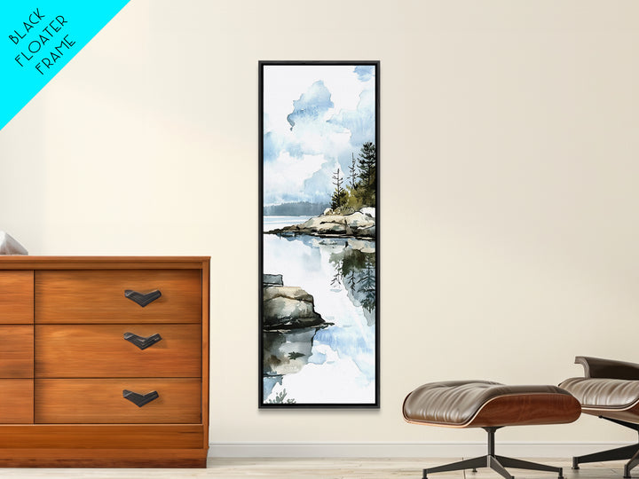 Quiet Rocky Lake And Pine Reflection Framed Canvas Print, Watercolor Landscape Wall Art, Nature Decor, Living Room Art Print