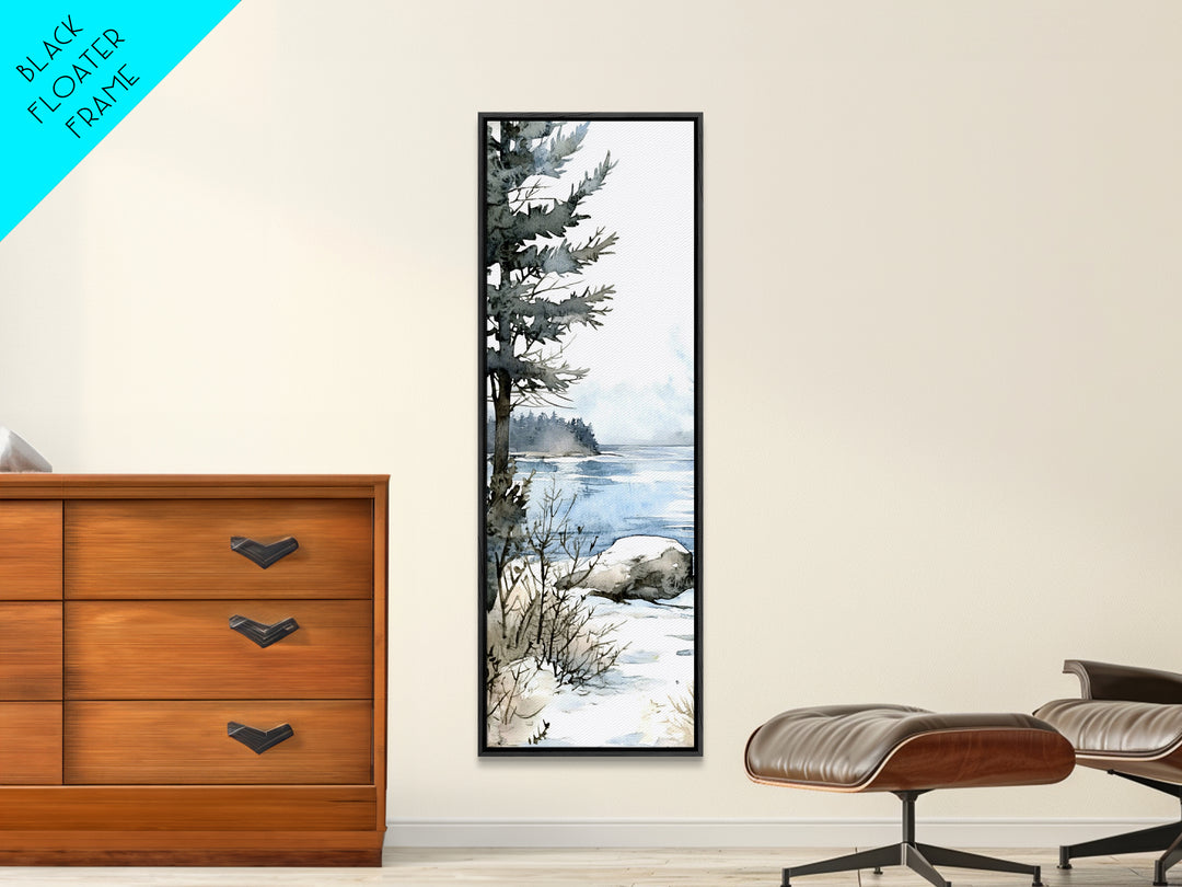Pine Tree By Frozen Lake Framed Canvas Print, Winter Coastal Landscape Wall Art, Cabin Decor, Scandinavian Wall Decor Gift