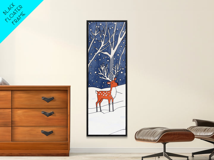 Red Reindeer In Snowy Forest Wall Art, Whimsical Winter Woodland Nursery Decor, Christmas Gift, Kids Room Wall Decor For Baby