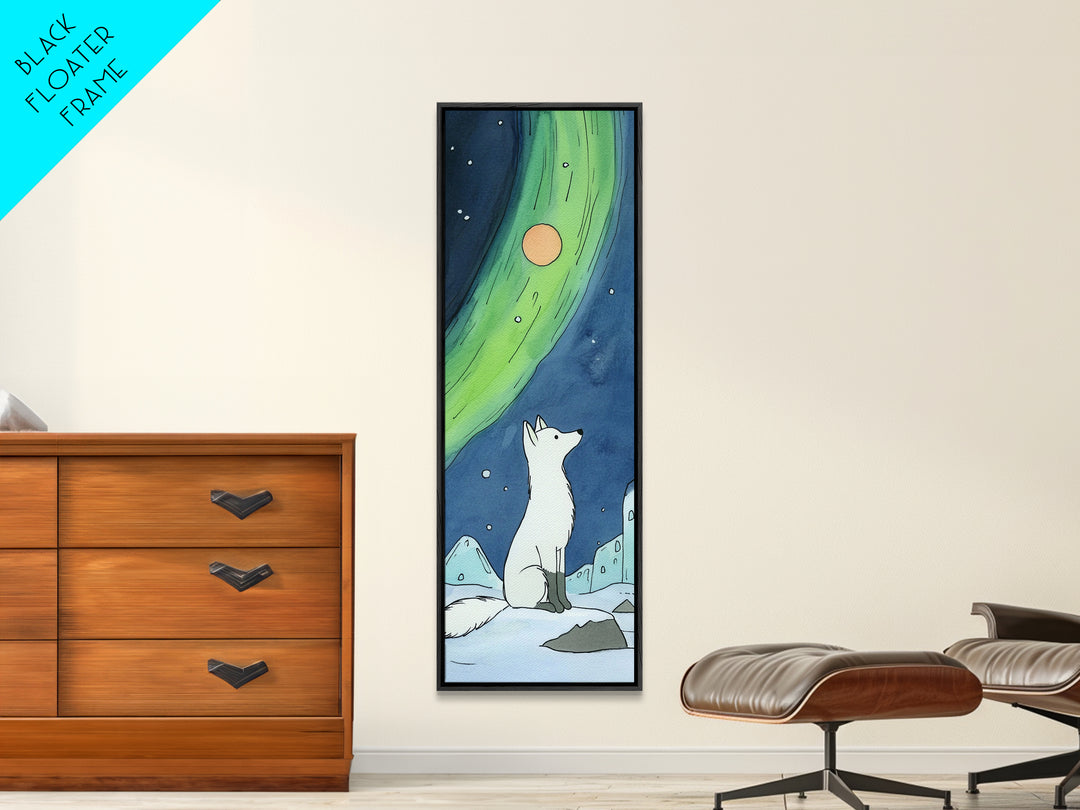 Arctic Fox Under Northern Lights Wall Art, Whimsical Snowy Animal Print, Aurora Nursery Decor, Winter Wildlife Canvas Print