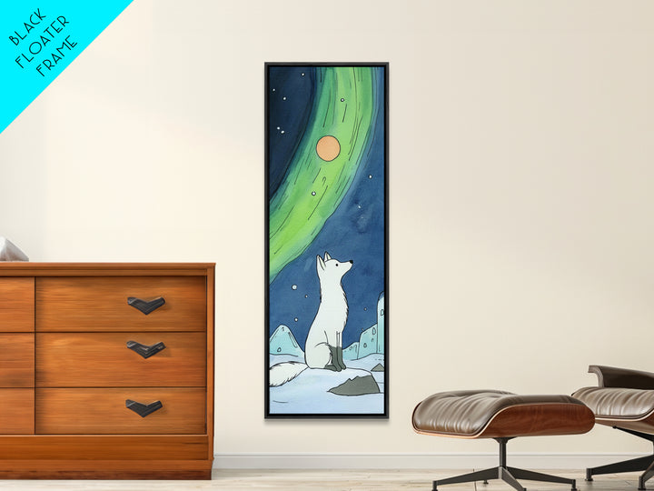 Arctic Fox Under Northern Lights Wall Art, Whimsical Snowy Animal Print, Aurora Nursery Decor, Winter Wildlife Canvas Print