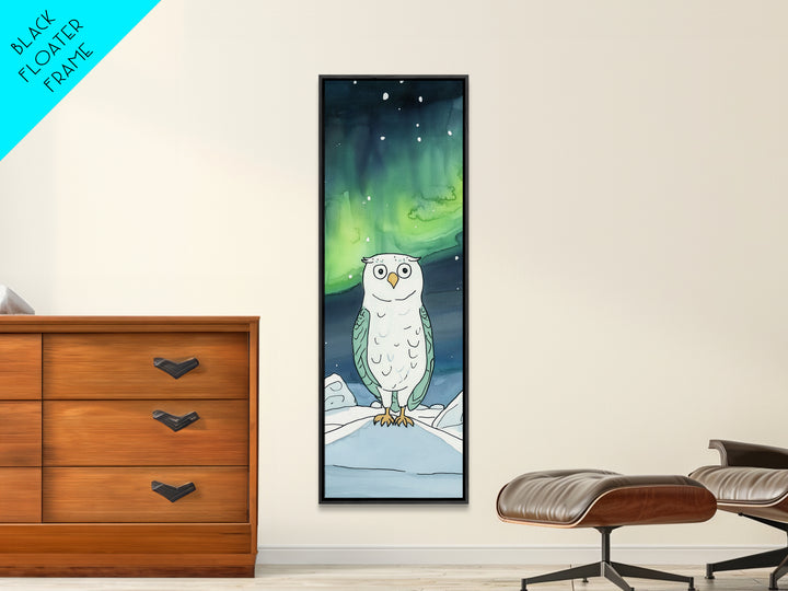 Wide Eyed Owl Beneath Northern Lights Wall Art, Whimsical Bird Print, Aurora Nursery Decor, Celestial Kids Room Art Gift