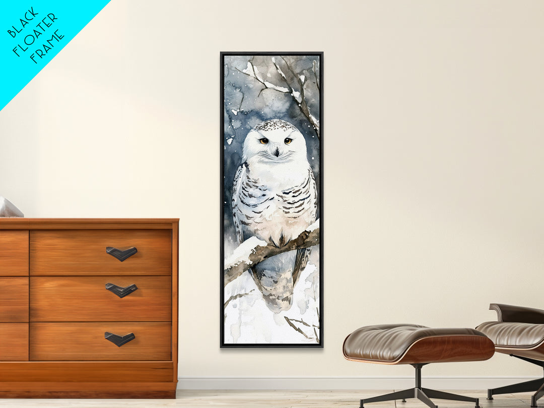 Realistic Snowy Owl In Snowy Forest Framed Canvas Print, Winter Wildlife Art, Nature Wall Decor, Rustic Cabin Decor Gift