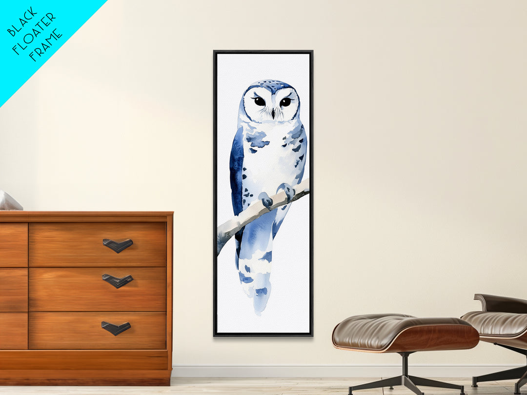 Blue And White Owl On Branch Canvas Print, Minimal Watercolor Bird Art, Nursery Wall Decor, Coastal Blue Bedroom Art Gift