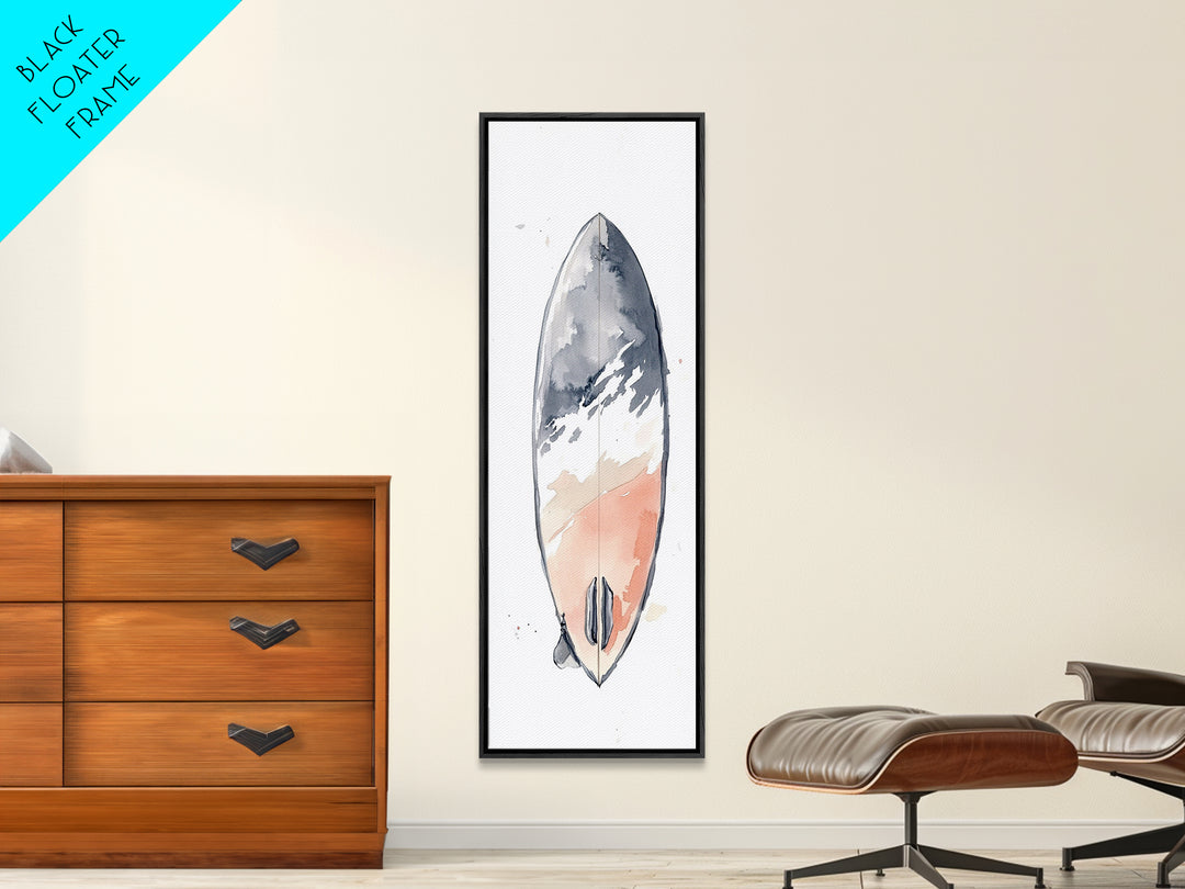 Minimalist Coral Gray Surfboard Canvas Print, Beach Wall Art, Coastal Bathroom Decor, Modern Nautical Home Decor, Surf Poster