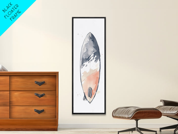 Minimalist Coral Gray Surfboard Canvas Print, Beach Wall Art, Coastal Bathroom Decor, Modern Nautical Home Decor, Surf Poster