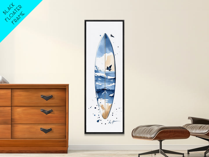 Blue Wave Surfboard With Birds Canvas Print, Coastal Wall Art, Ocean Decor, Beach House Surf Poster, Living Room Art, Modern Coastal Art