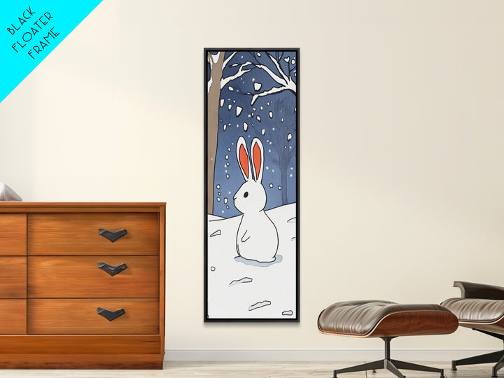 White Bunny In Snowy Forest Wall Art, Whimsical Rabbit Print, Woodland Nursery Decor, Winter Kids Room Wall Decor, Baby Shower Gift