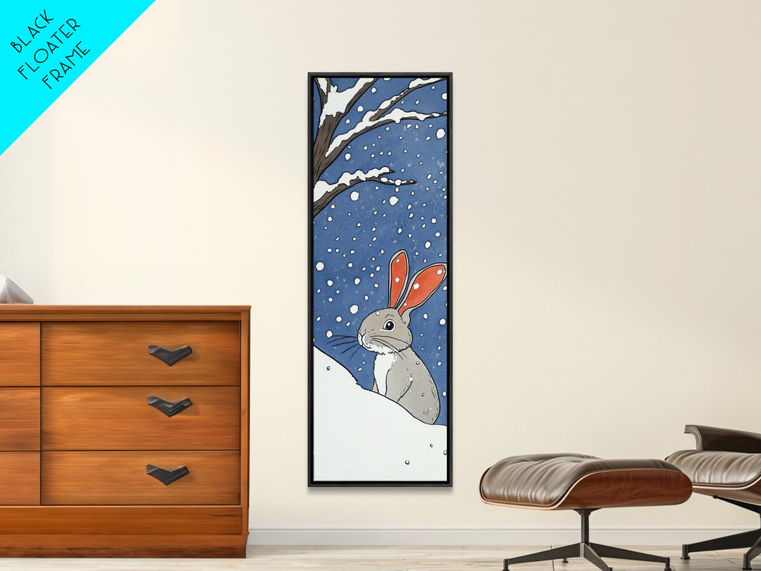Snow Bunny In Falling Snow Wall Art, Whimsical Rabbit Watercolor Print, Cute Nursery Animal Decor, Winter Kids Room Art