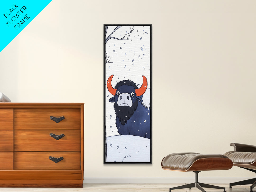 Musk Ox In Falling Snow Canvas Print, Whimsical Winter Animal Art, Nursery Wall Decor, Rustic Wildlife Gift For Kids Room