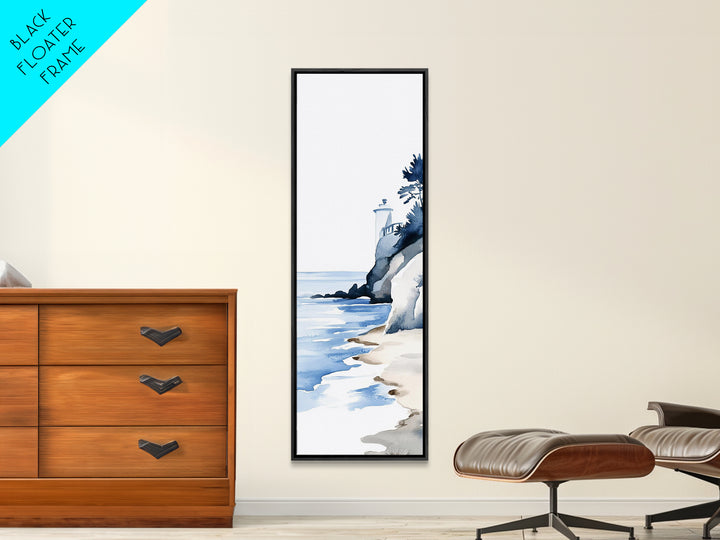 Blue Lighthouse On Cliff Canvas Print, Coastal Wall Art, Nautical Beach Decor, Ocean Landscape For Bathroom Or Living Room