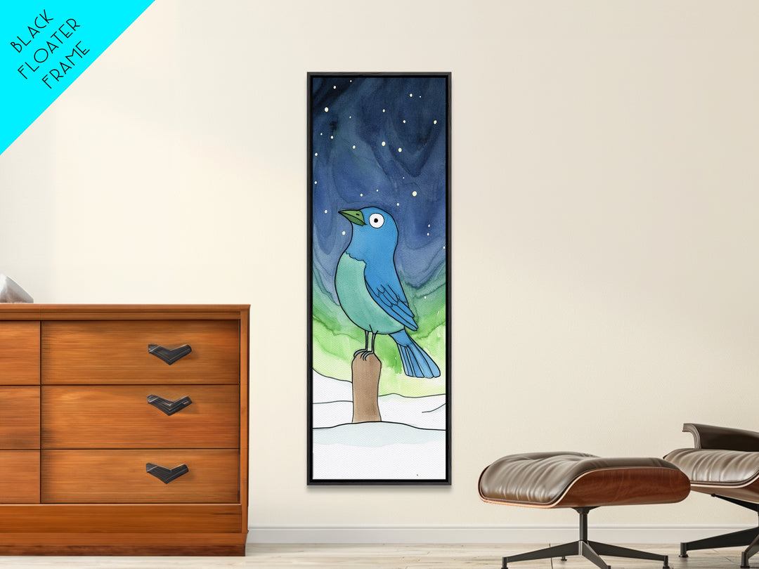 Whimsical Blue Bird In Starry Snow Canvas Print, Winter Nursery Wall Art, Kids Room Decor, Cute Animal Art, Bird Lover Gift