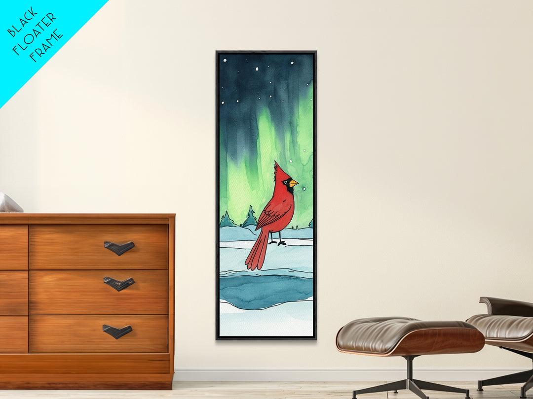 Red Cardinal In Snowy Aurora Landscape Framed Canvas Print, Winter Bird Wall Art, Nature Wall Decor, Christmas Gift, Living Room Art