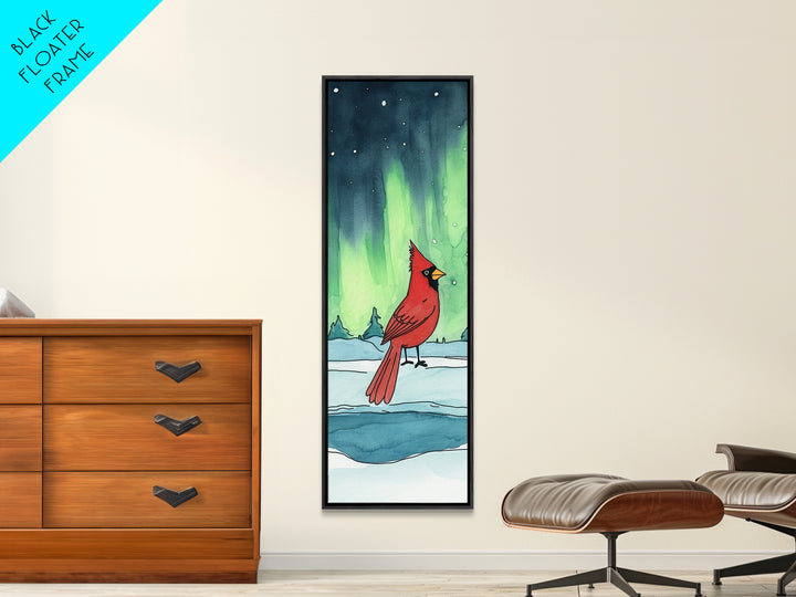 Red Cardinal In Snowy Aurora Landscape Framed Canvas Print, Winter Bird Wall Art, Nature Wall Decor, Christmas Gift, Living Room Art