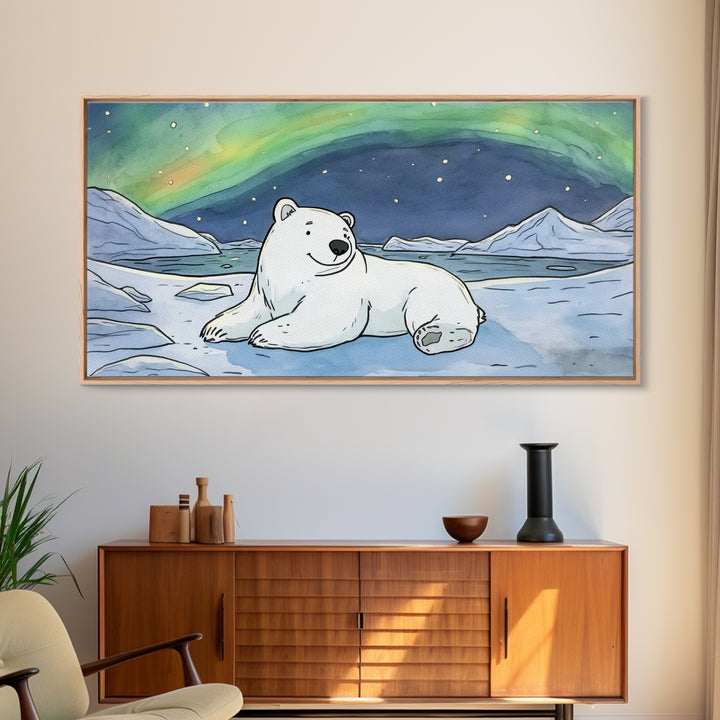Polar Bear Under Northern Lights Wall Art, Arctic Animal Canvas Print, Nursery Decor, Wildlife Print, Winter Home Decor Gift