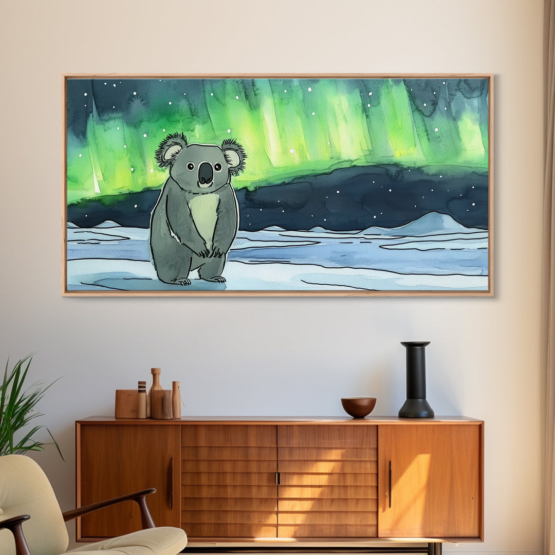 Koala Under Northern Lights Wall Art, Whimsical Animal Canvas Print, Aurora Nursery Decor, Kids Room Art, Unique Gift For Her