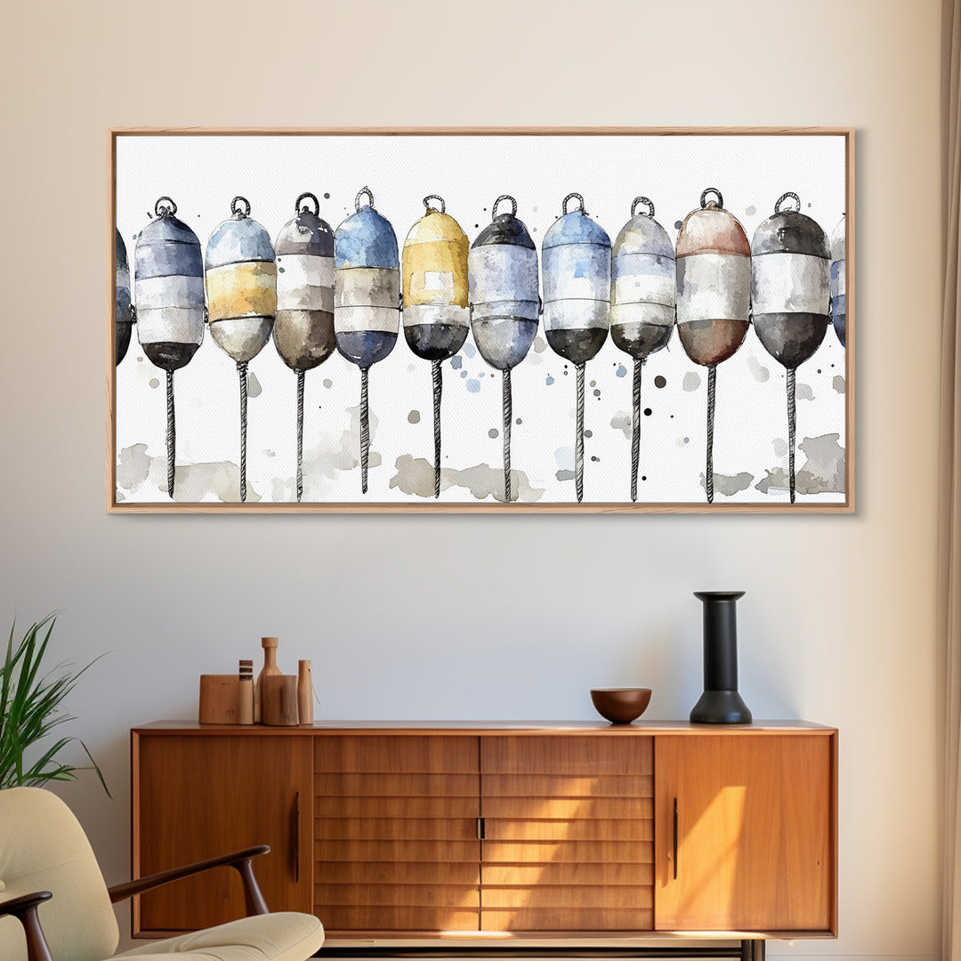 Striped Fishing Buoys Wall Art, Nautical Canvas Print, Coastal Bathroom Decor, Beach House Art, Ocean Wall Decor Gift Print
