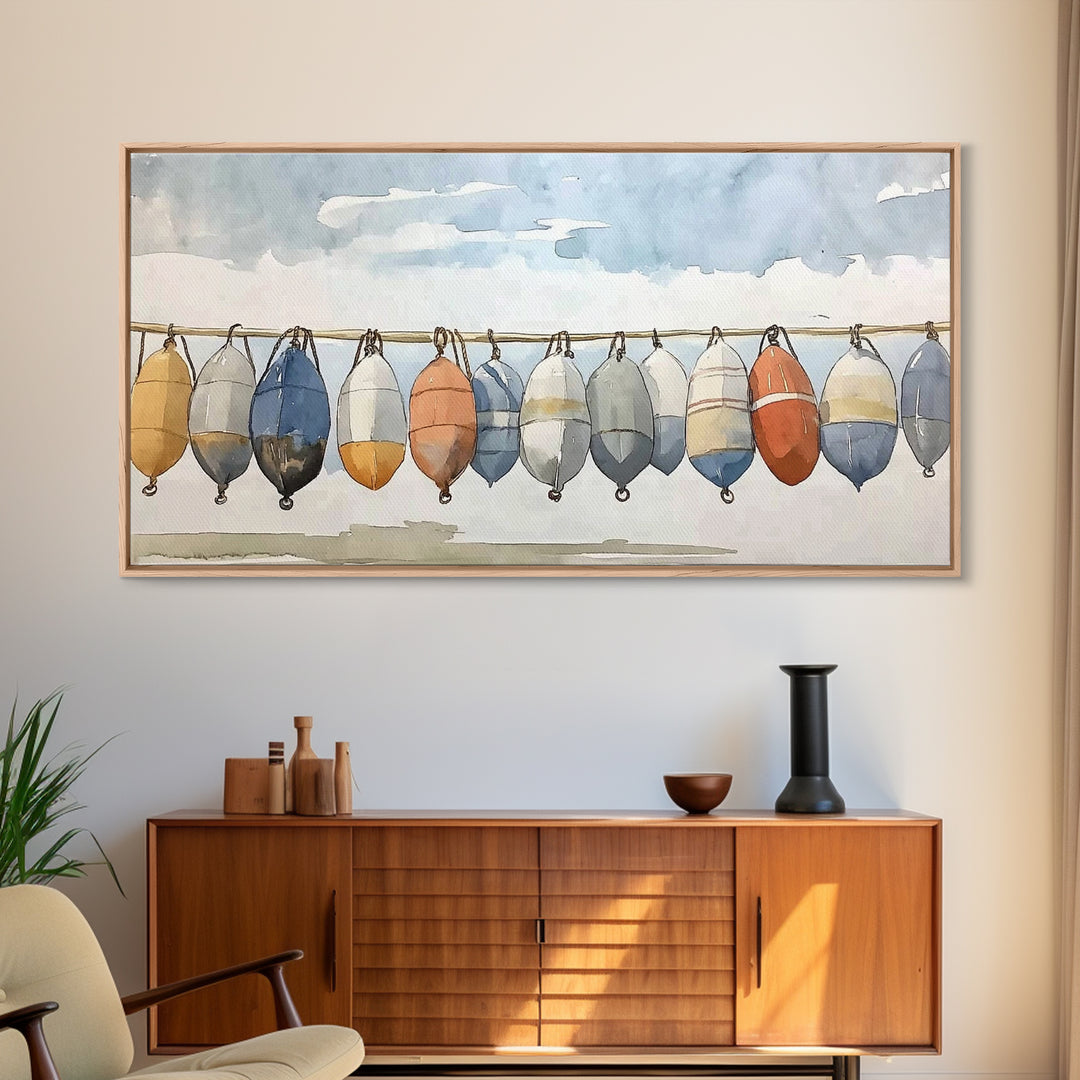 Hanging Coastal Buoys Canvas Print, Nautical Wall Art, Beach House Decor, Ocean Print, Bathroom Wall Decor, Gift For Her