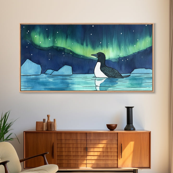 Loon Under Northern Lights Wall Art, Arctic Lake Canvas Print, Wildlife Bird Print, Coastal Nature Decor, Gift For Her, Home Decor