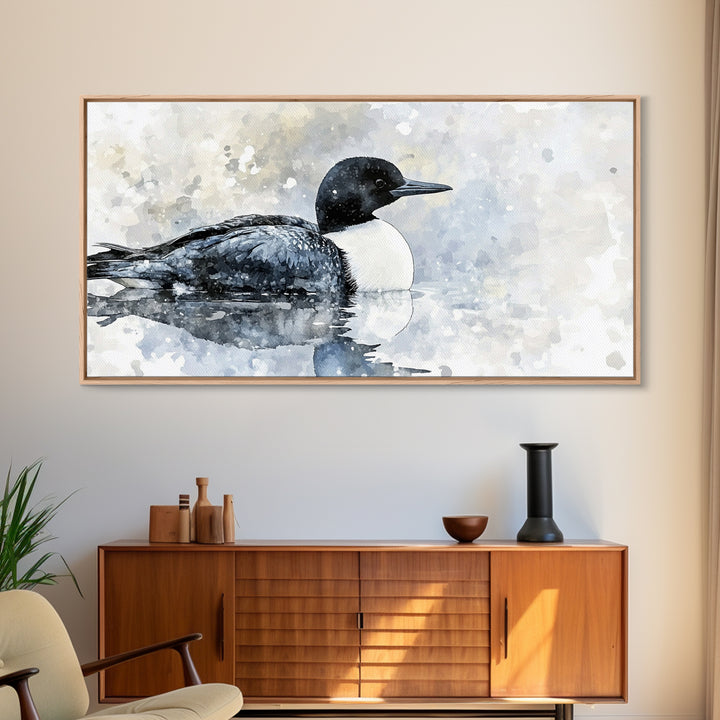 Watercolor Loon On Misty Lake Wall Art, Coastal Bird Canvas Print, Nature Wildlife Decor, Serene Lake House Gift, Living Room Fine Art Print