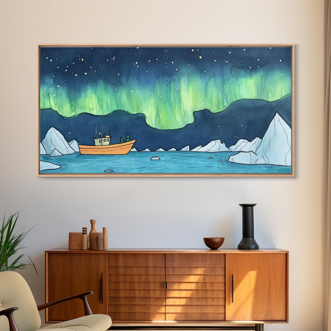 Northern Lights Boat And Iceberg Wall Art, Arctic Seascape Canvas Print, Aurora Borealis Travel Poster, Nautical Decor Gift