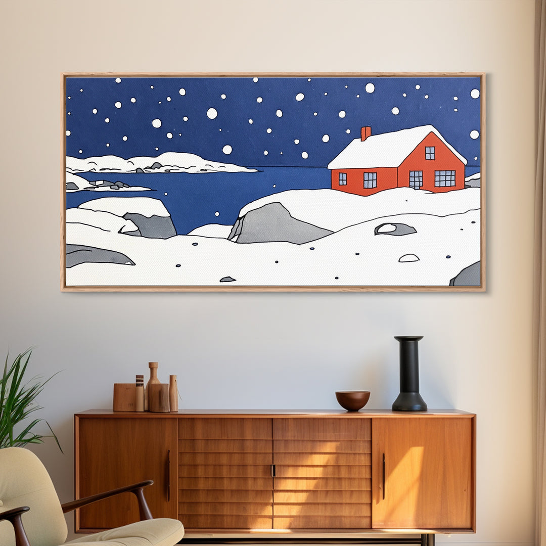 Red House On Snowy Coastal Hill Wall Art, Winter Lake Landscape Canvas Print, Scandinavian Decor, Rustic Housewarming Gift