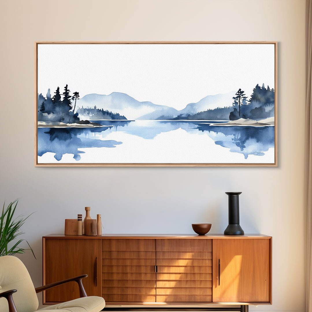Minimal Blue Mountain Lake Wall Art, Watercolor Landscape Canvas Print, Scandinavian Nature Decor, Calm Living Room Wall Art