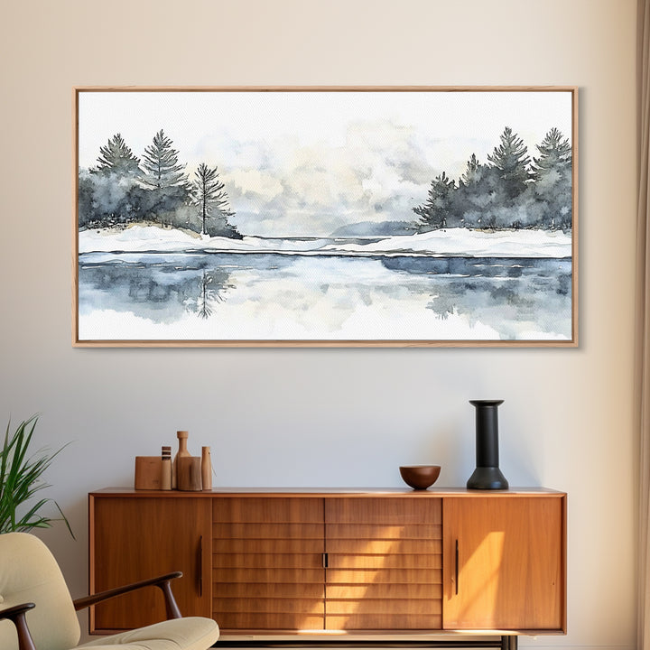 Winter Pine River Reflection Wall Art, Blue Watercolor Landscape Canvas Print, Serene Nature Living Room Decor, Lake House Gift