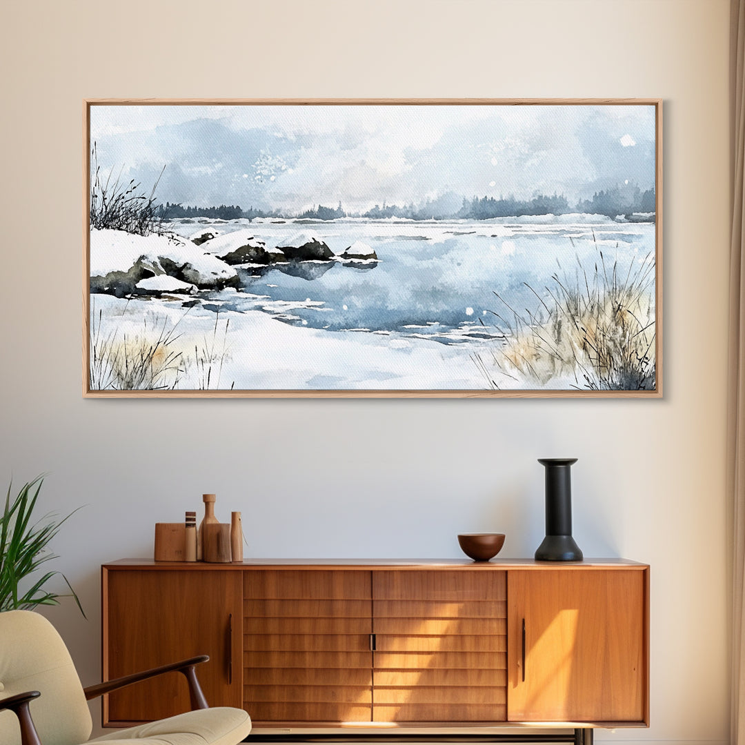 Snowy Marsh Lake With Rocks And Grass Wall Art, Winter Watercolor Landscape Canvas Print, Neutral Nature Decor, Cabin Gift