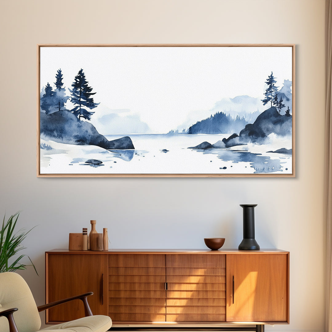 Blue Rocky Lake And Pine Island Canvas Print, Watercolor Coastal Landscape, Scandinavian Wall Decor, Calm Living Room Art
