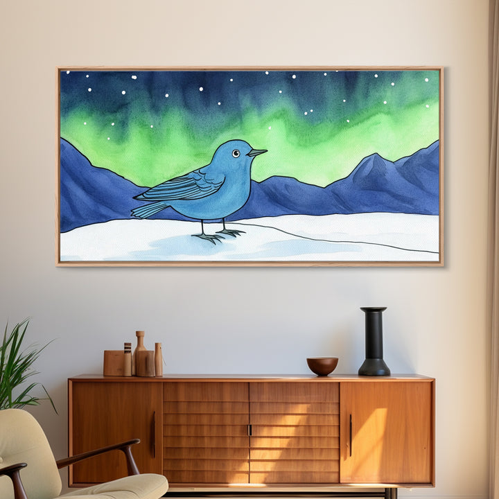 Blue Bird Under Northern Lights Canvas Print, Aurora Mountain Landscape Wall Decor For Nursery, Kids Room, Winter Home Decor