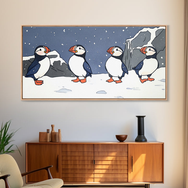 Four Puffins In Snowy Arctic Landscape Canvas Print, Whimsical Animal Wall Art For Kids Room, Nursery, Coastal Winter Decor