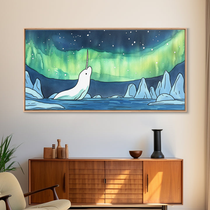 White Narwhal Under Northern Lights Canvas Print, Arctic Ocean Wall Art For Nursery, Kids Room, Coastal Decor, Fantasy Gift