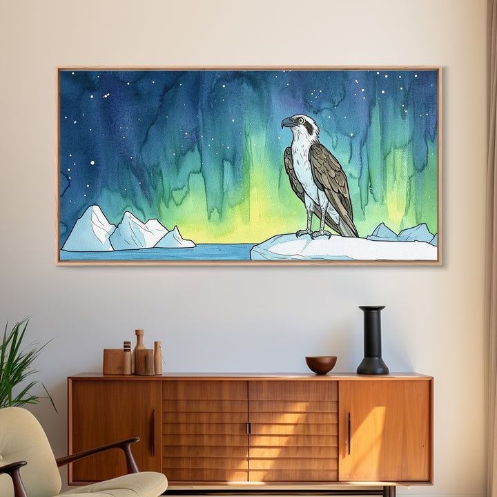 Osprey Perched Beneath Northern Lights Wall Art, Aurora Borealis Bird Print, Arctic Nature Decor, Wildlife Canvas Art Print