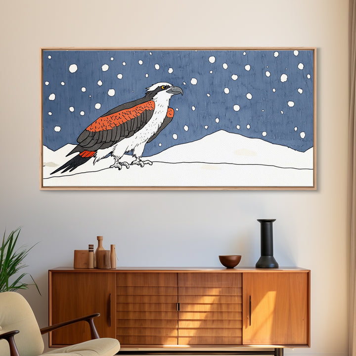 Snowy Osprey Hawk In Winter Landscape Wall Art, Bird Lover Gift, Rustic Wildlife Print, Cabin Decor Canvas Art, Nature Wall Decor
