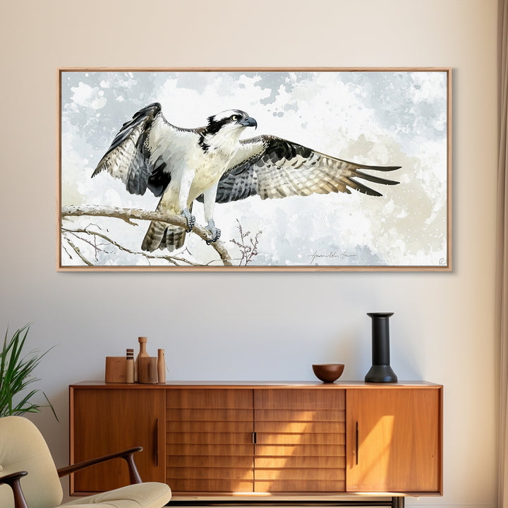 Landing Osprey On Winter Branch Canvas Print, Watercolor Hawk Wall Art, Rustic Nature Decor, Bird Lover Housewarming Gift