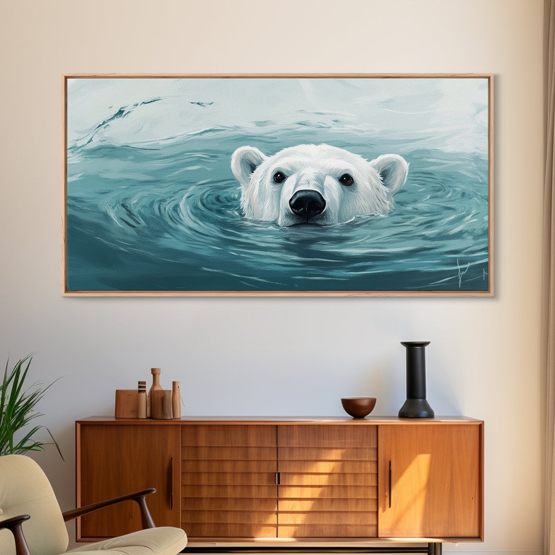 Swimming Polar Bear In Teal Water Wall Art, Arctic Wildlife Canvas Print, Ocean Animal Decor, Nursery Or Bathroom Art Print