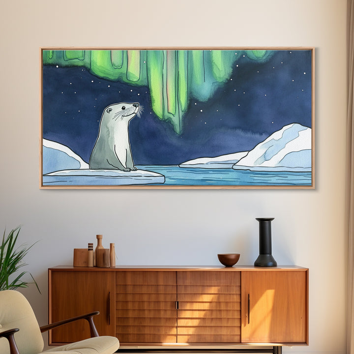 Arctic Seal Under Northern Lights Wall Art, Aurora Ocean Animal Print, Whimsical Nursery Decor, Coastal Canvas Print, Housewarming Gift