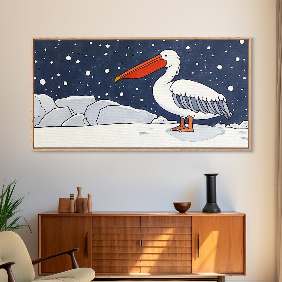 Snowy White Pelican On Ice Framed Canvas Print, Arctic Bird Wall Decor, Coastal Wall Art, Nursery Art, Gift For Her, Kids Room Decor