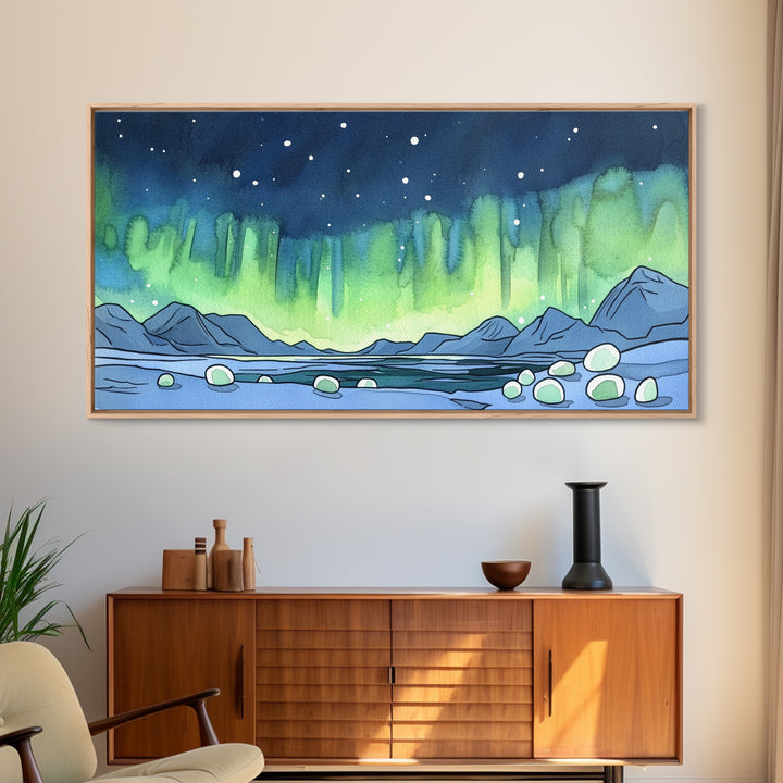 Northern Lights Over Arctic Mountains Wall Art, Aurora Landscape Print, Nature Wall Decor, Large Canvas Print, Office Decor